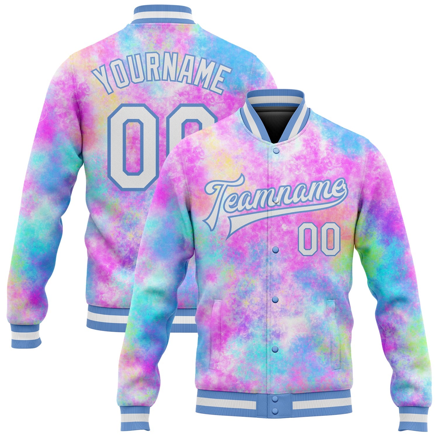 Custom Tie Dye White-Light Blue Rainbow 3D Bomber Full-Snap Varsity Letterman Jacket - Main View