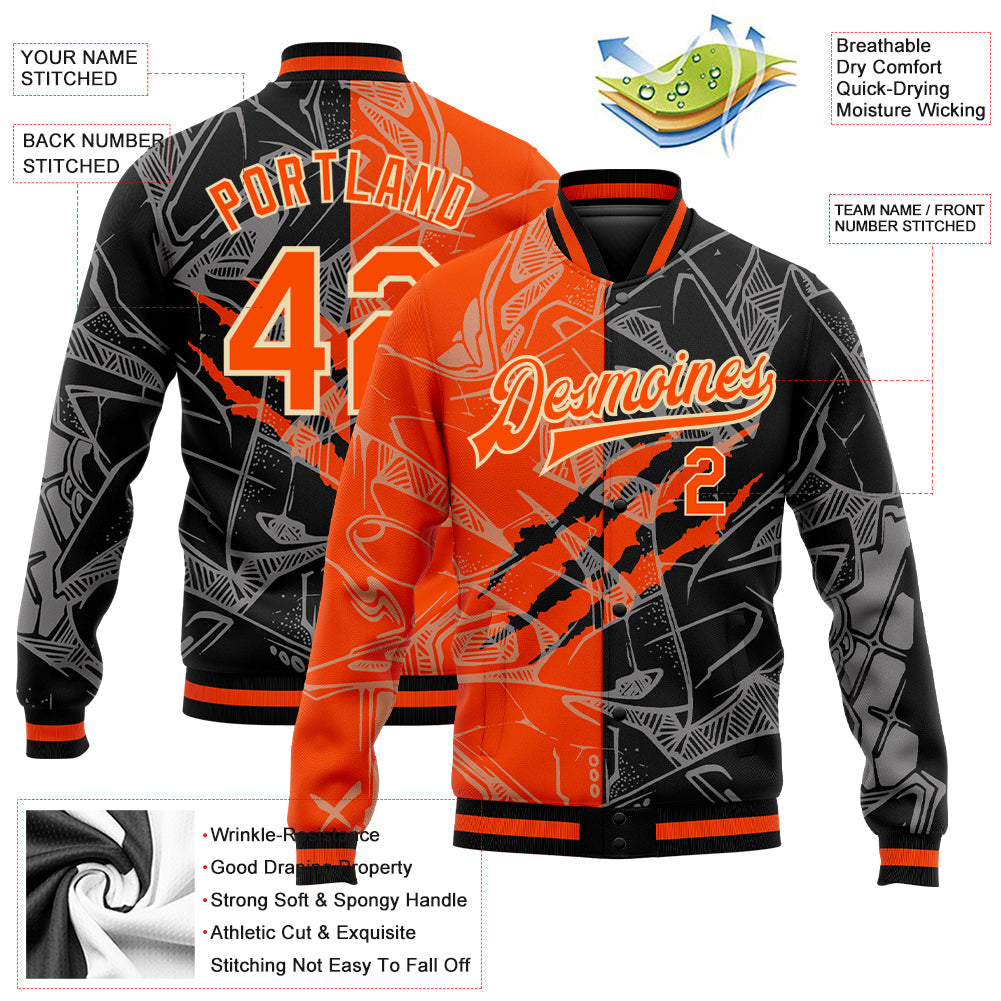 Custom Graffiti Pattern Orange Black-Cream Scratch 3D Bomber Full-Snap Varsity Letterman Jacket view 5