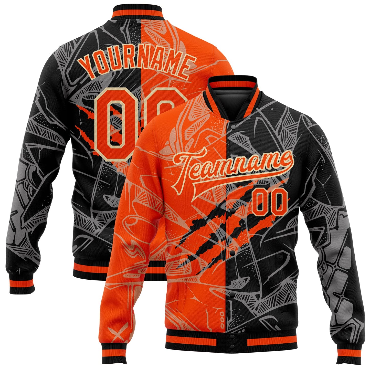 Custom Graffiti Pattern Orange Black-Cream Scratch 3D Bomber Full-Snap Varsity Letterman Jacket - Main View