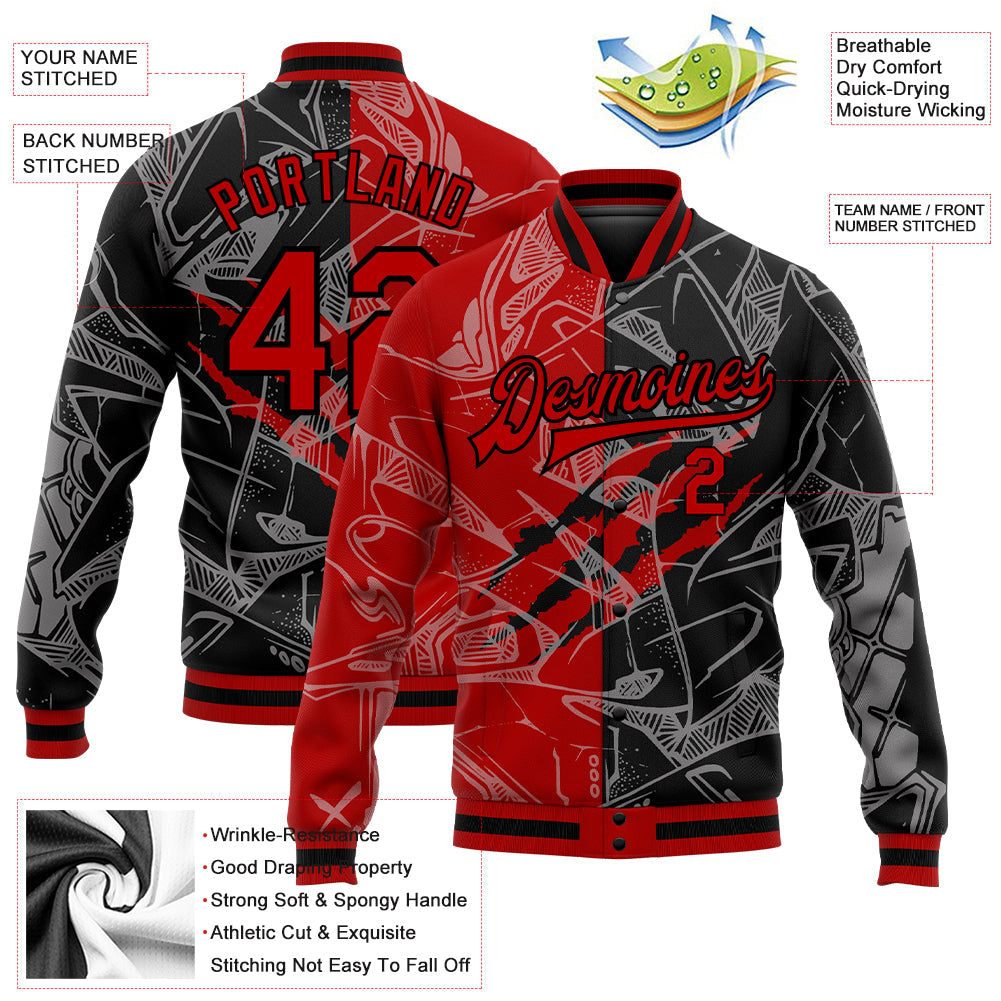 Custom Graffiti Pattern Red-Black Scratch 3D Bomber Full-Snap Varsity Letterman Jacket view 5