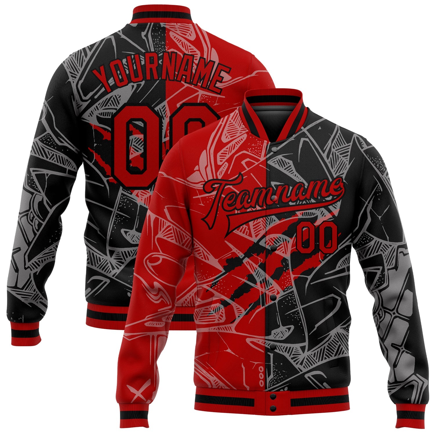 Custom Graffiti Pattern Red-Black Scratch 3D Bomber Full-Snap Varsity Letterman Jacket - Main View