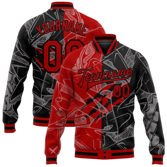 Custom Graffiti Pattern Red-Black Scratch 3D Bomber Full-Snap Varsity Letterman Jacket - Main View