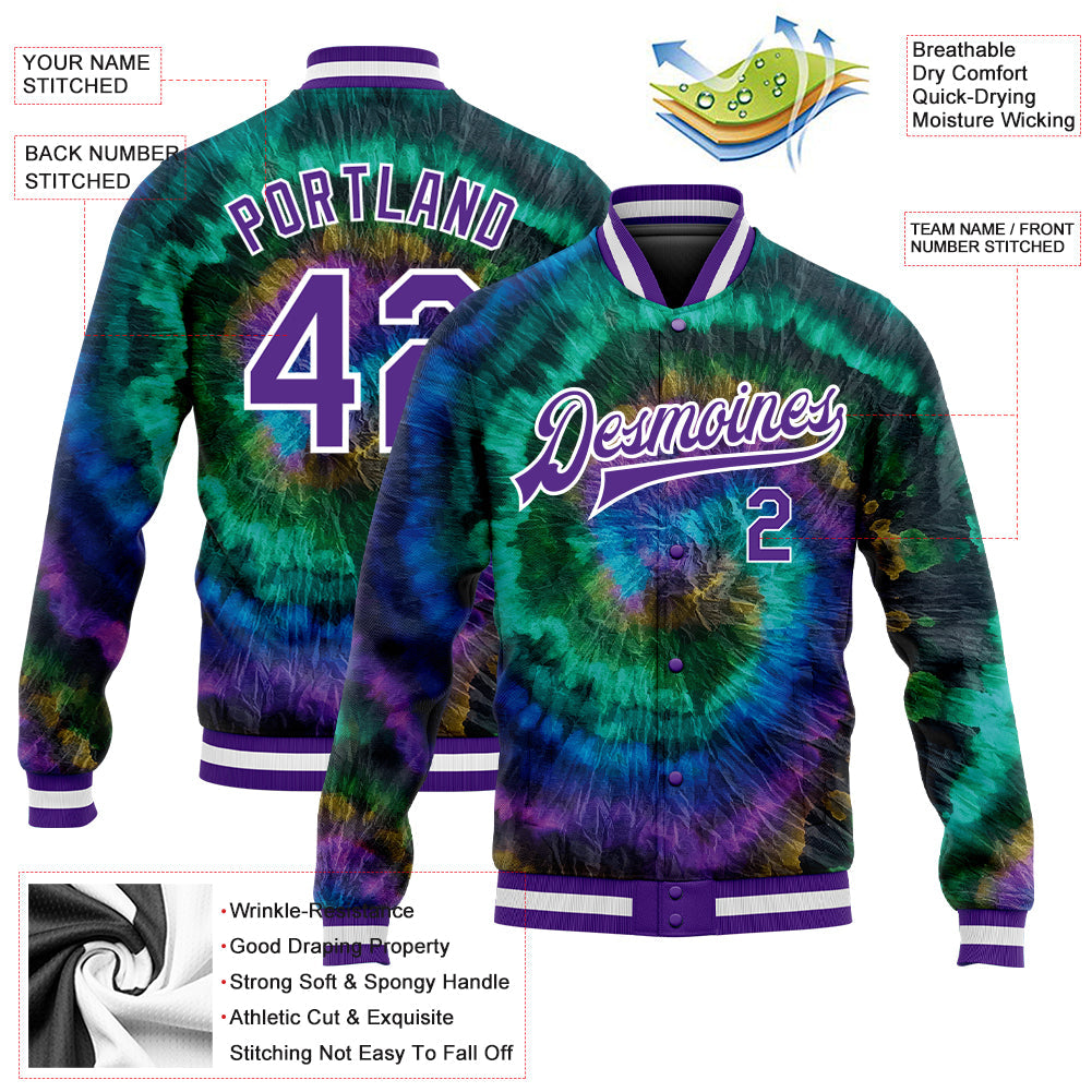 Custom Tie Dye Purple-White Rainbow 3D Bomber Full-Snap Varsity Letterman Jacket view 5