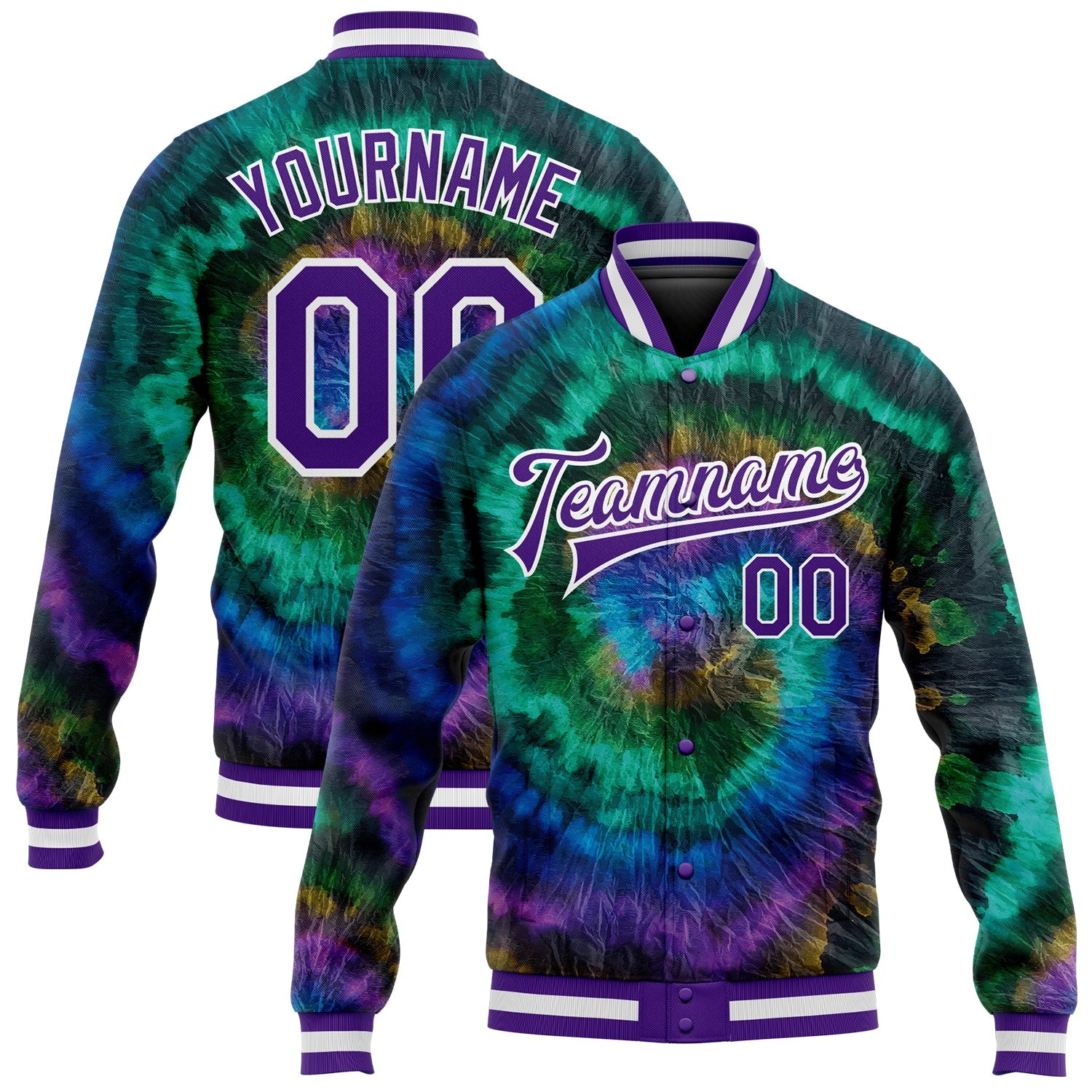 Custom Tie Dye Purple-White Rainbow 3D Bomber Full-Snap Varsity Letterman Jacket - Main View