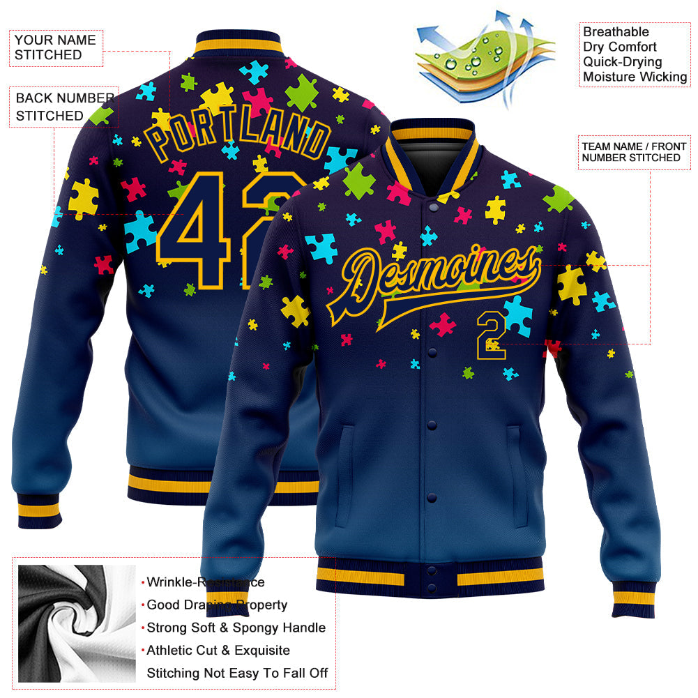 Custom Autism Supporter Awareness Puzzle Pieces Navy-Gold 3D Bomber Full-Snap Varsity Letterman Jacket view 5