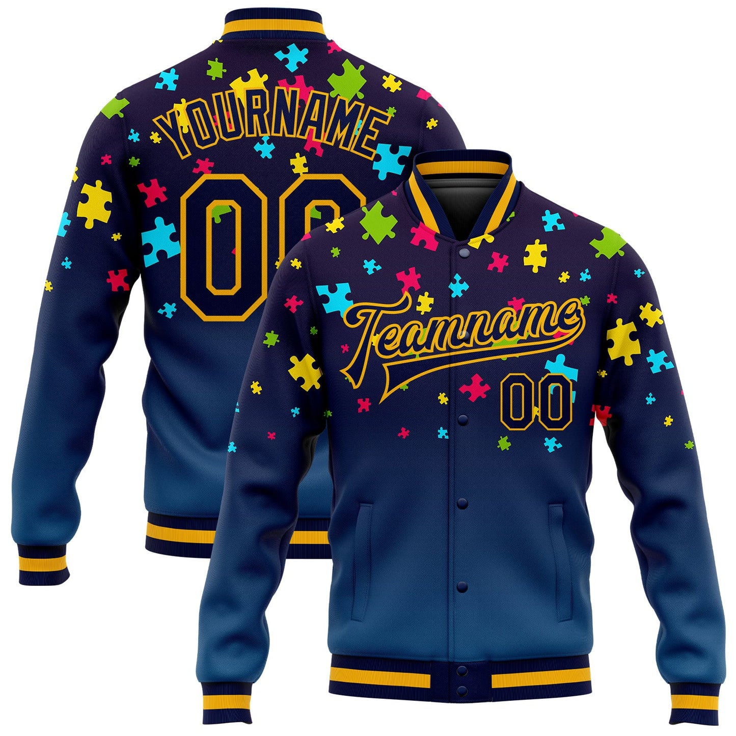 Custom Autism Supporter Awareness Puzzle Pieces Navy-Gold 3D Bomber Full-Snap Varsity Letterman Jacket - Main View