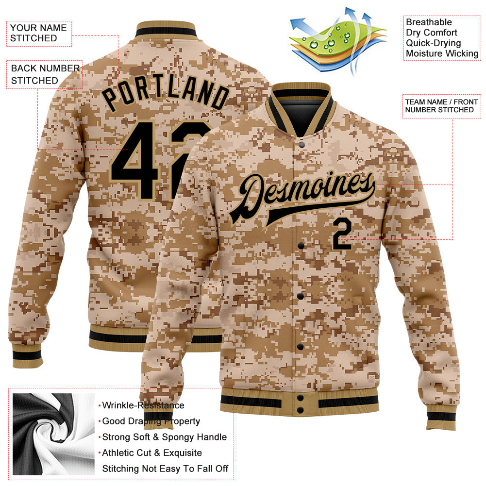 Custom Camo Black-Old Gold 3D Bomber Full-Snap Varsity Letterman Salute To Service Jacket view 5