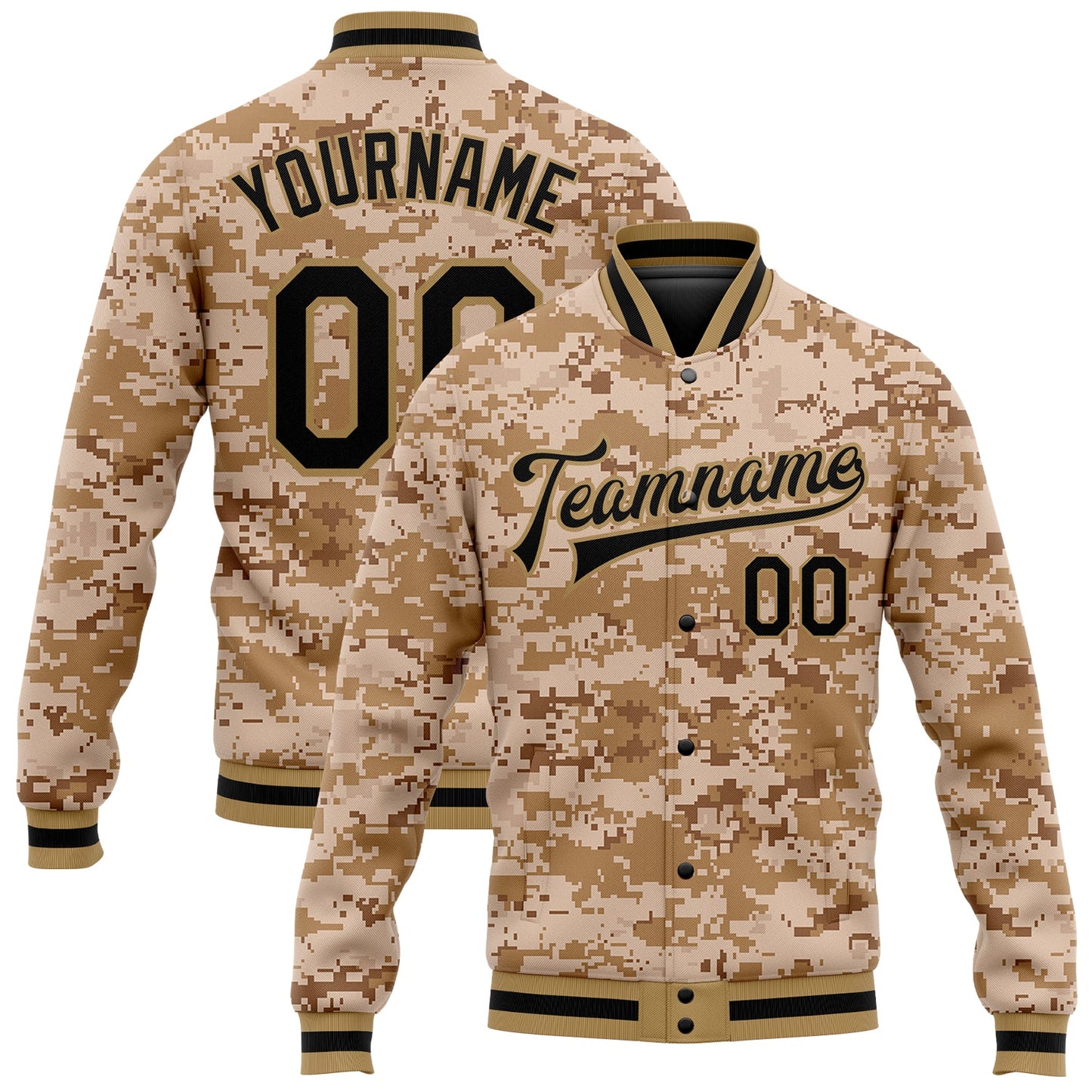 Custom Camo Black-Old Gold 3D Bomber Full-Snap Varsity Letterman Salute To Service Jacket - Main View