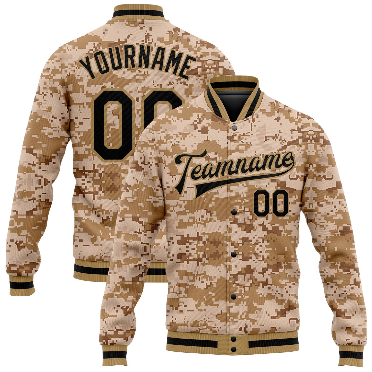 Custom Camo Black-Old Gold 3D Bomber Full-Snap Varsity Letterman Salute To Service Jacket - Main View