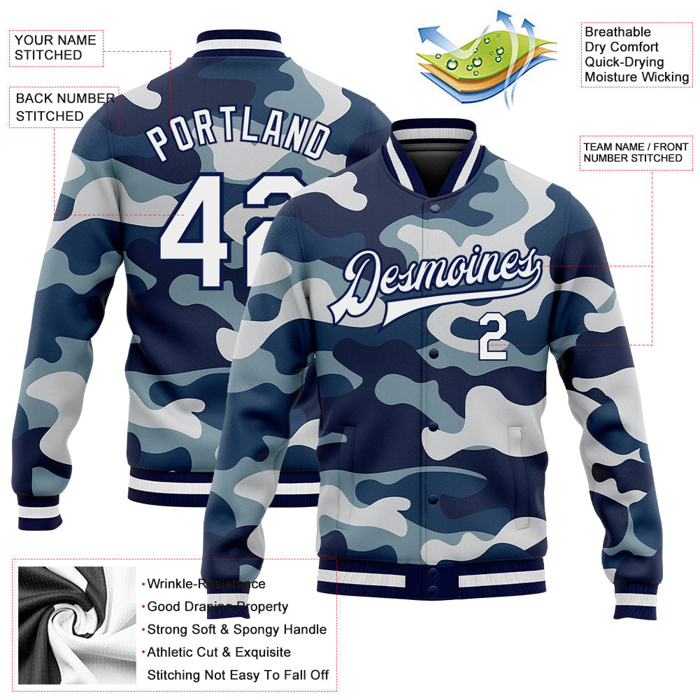Custom Camo White-Navy 3D Bomber Full-Snap Varsity Letterman Salute To Service Jacket view 5