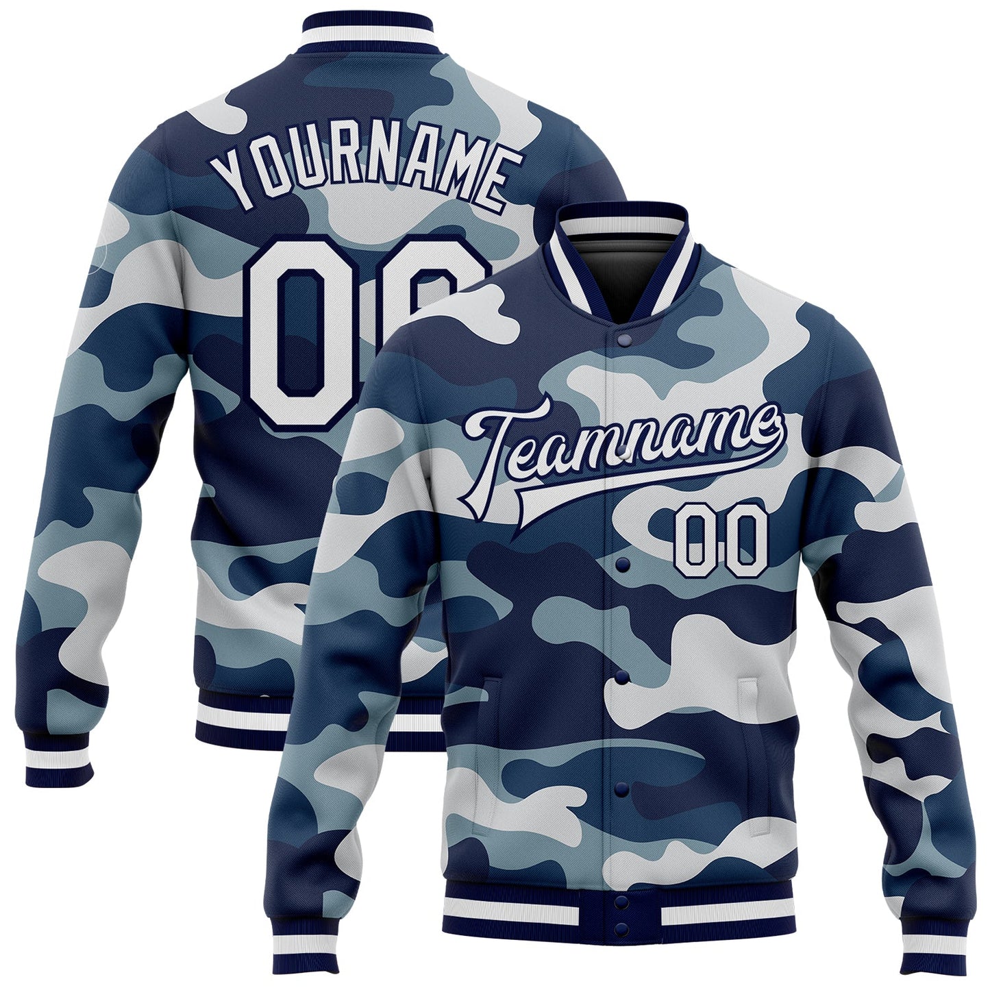 Custom Camo White-Navy 3D Bomber Full-Snap Varsity Letterman Salute To Service Jacket - Main View