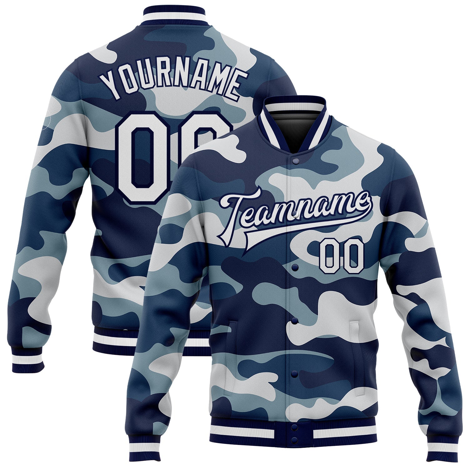 Custom Camo White-Navy 3D Bomber Full-Snap Varsity Letterman Salute To Service Jacket - Main View