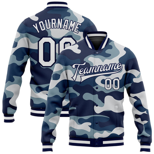 Custom Camo White-Navy 3D Bomber Full-Snap Varsity Letterman Salute To Service Jacket - Main View