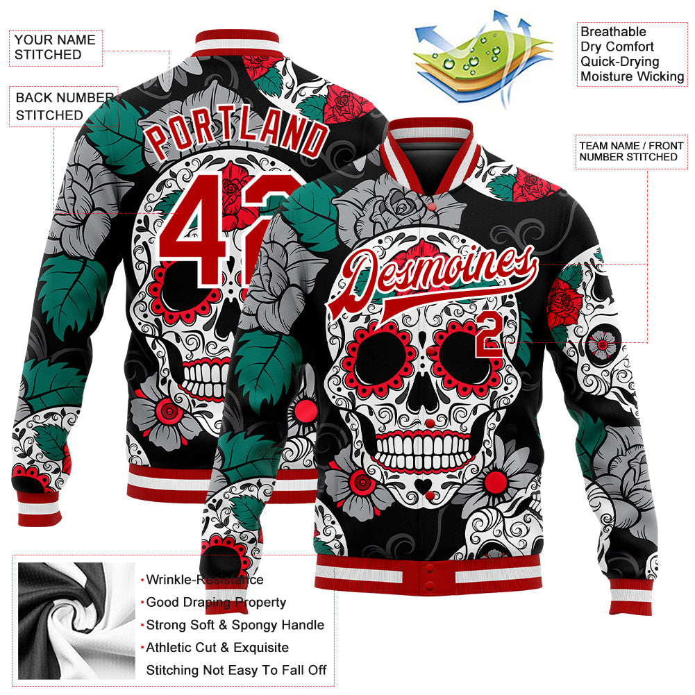 Custom Black Red-White Skull Fashion 3D Bomber Full-Snap Varsity Letterman Jacket view 5