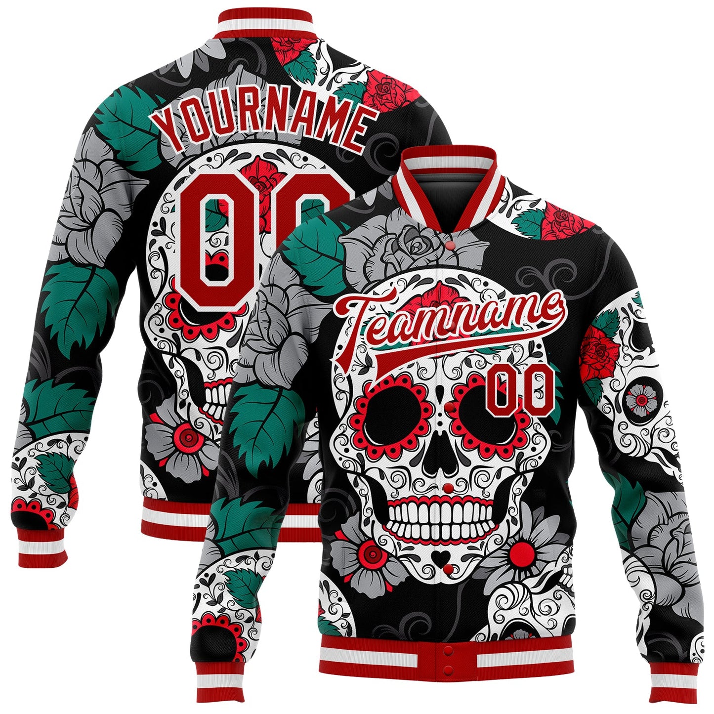 Custom Black Red-White Skull Fashion 3D Bomber Full-Snap Varsity Letterman Jacket - Main View