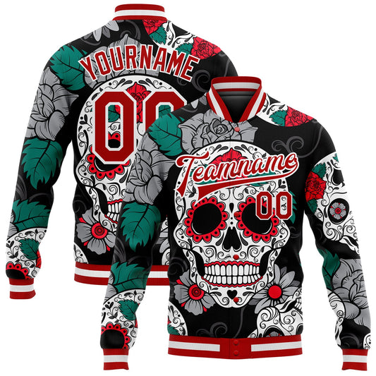 Custom Black Red-White Skull Fashion 3D Bomber Full-Snap Varsity Letterman Jacket - Main View
