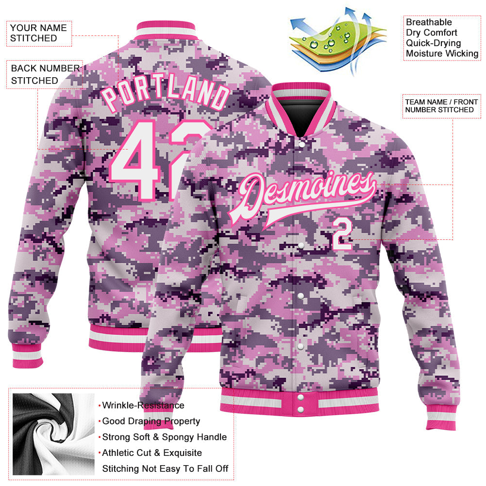 Custom Camo White-Pink 3D Bomber Full-Snap Varsity Letterman Salute To Service Jacket view 5