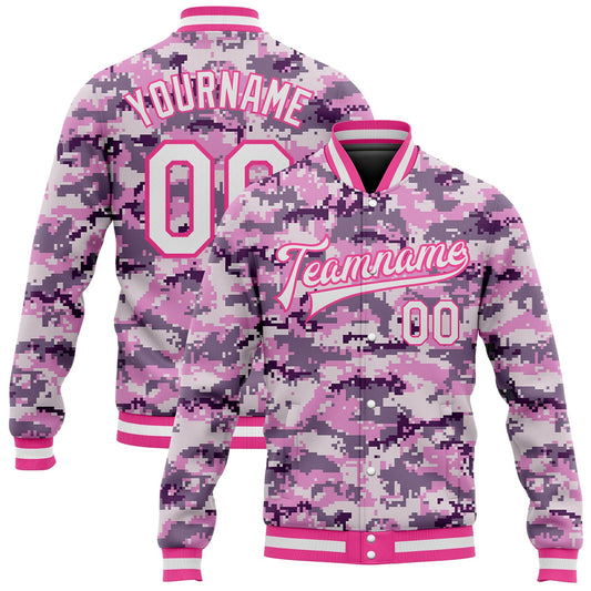 Custom Camo White-Pink 3D Bomber Full-Snap Varsity Letterman Salute To Service Jacket - Main View