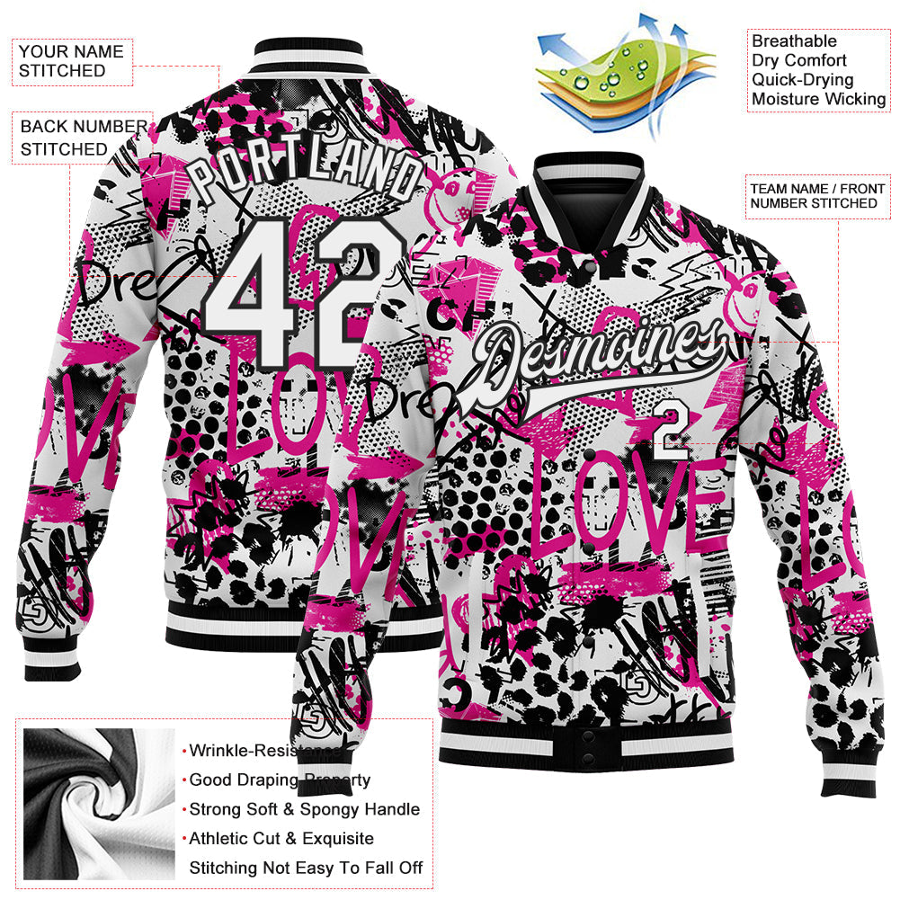 Custom Graffiti Pattern White-Black Scratch 3D Bomber Full-Snap Varsity Letterman Jacket view 5