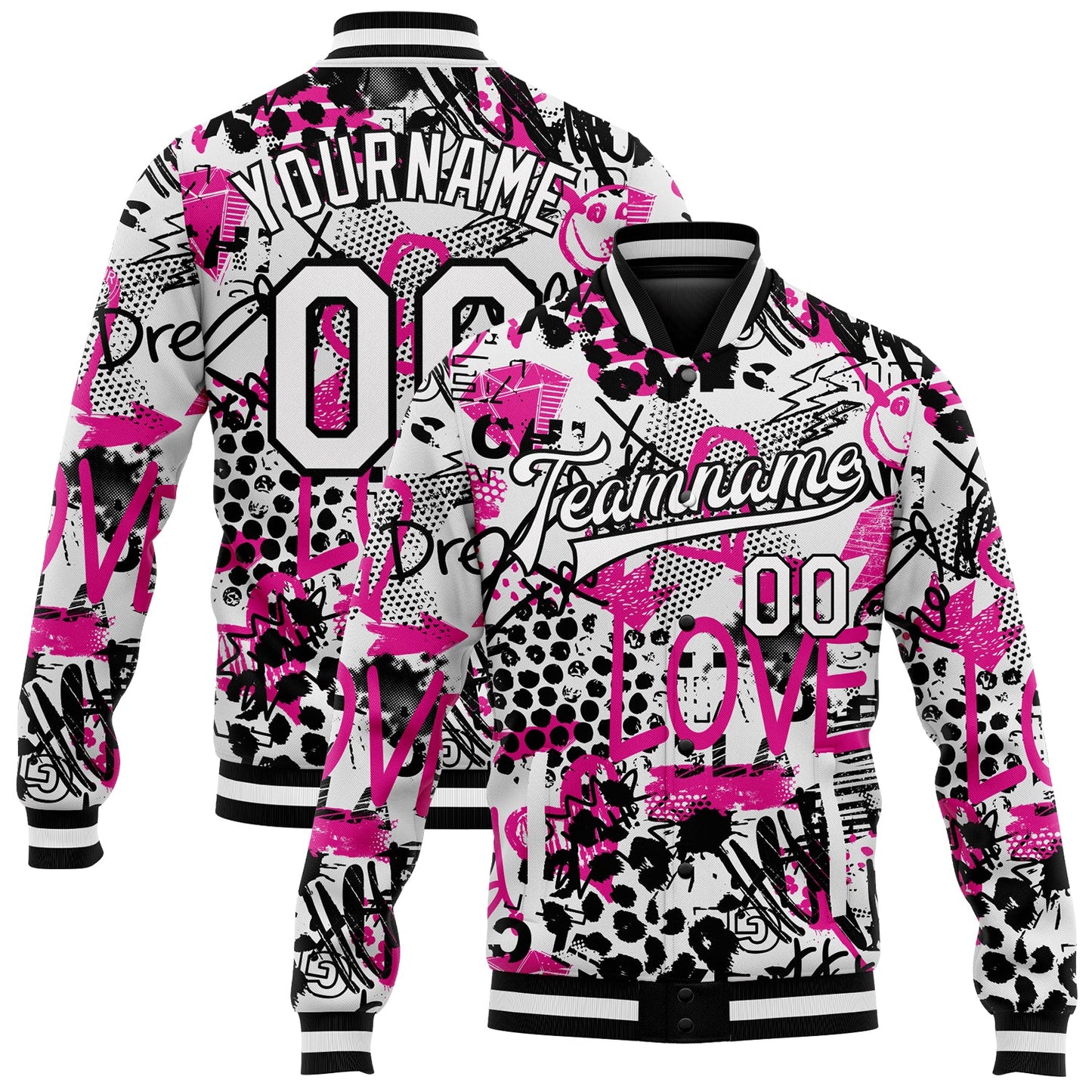 Custom Graffiti Pattern White-Black Scratch 3D Bomber Full-Snap Varsity Letterman Jacket - Main View