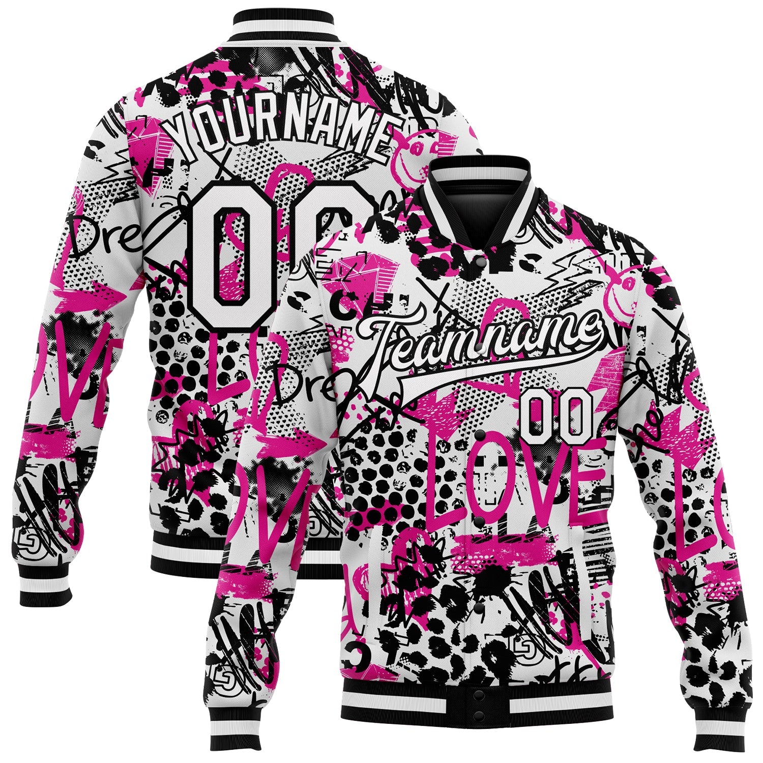 Custom Graffiti Pattern White-Black Scratch 3D Bomber Full-Snap Varsity Letterman Jacket - Main View
