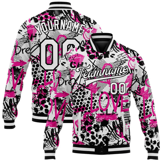 Custom Graffiti Pattern White-Black Scratch 3D Bomber Full-Snap Varsity Letterman Jacket - Main View