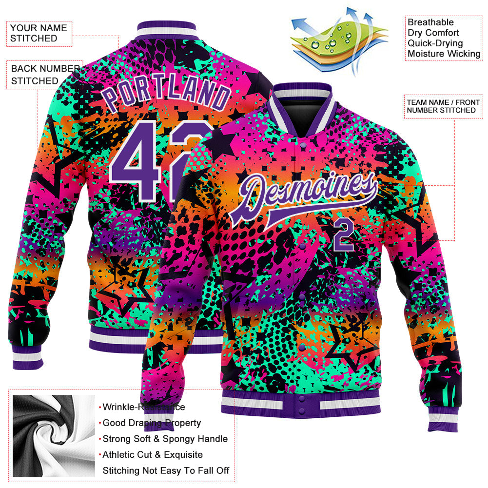 Custom Graffiti Pattern Purple-White Scratch 3D Bomber Full-Snap Varsity Letterman Jacket view 5