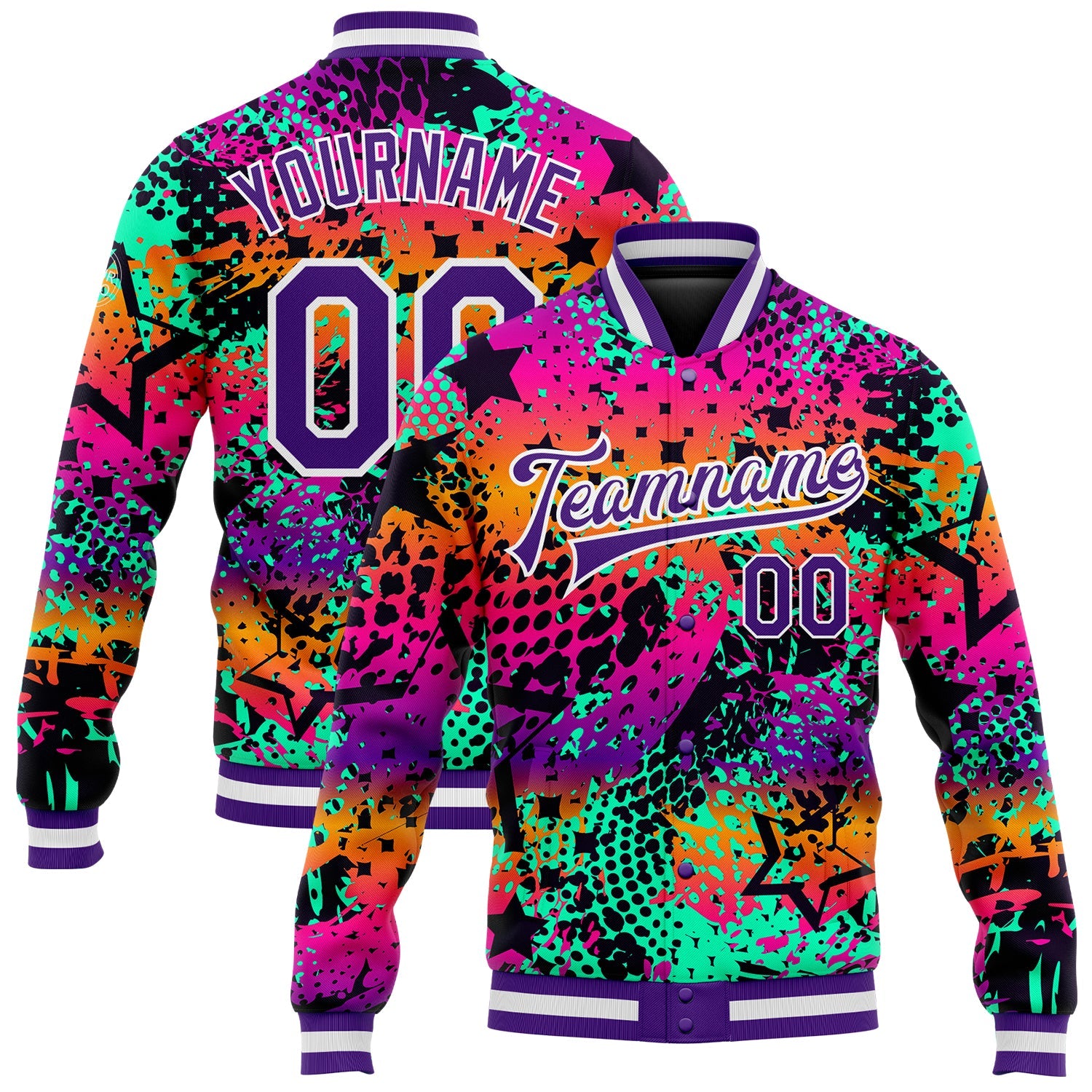 Custom Graffiti Pattern Purple-White Scratch 3D Bomber Full-Snap Varsity Letterman Jacket - Main View
