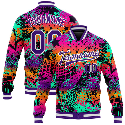 Custom Graffiti Pattern Purple-White Scratch 3D Bomber Full-Snap Varsity Letterman Jacket - Main View
