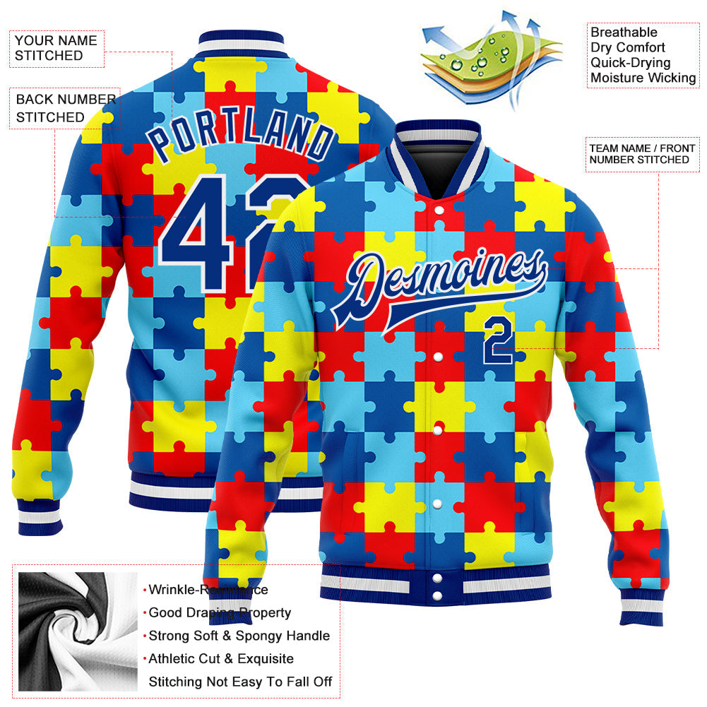 Custom Autism Supporter Awareness Puzzle Pieces Royal-White 3D Bomber Full-Snap Varsity Letterman Jacket view 5