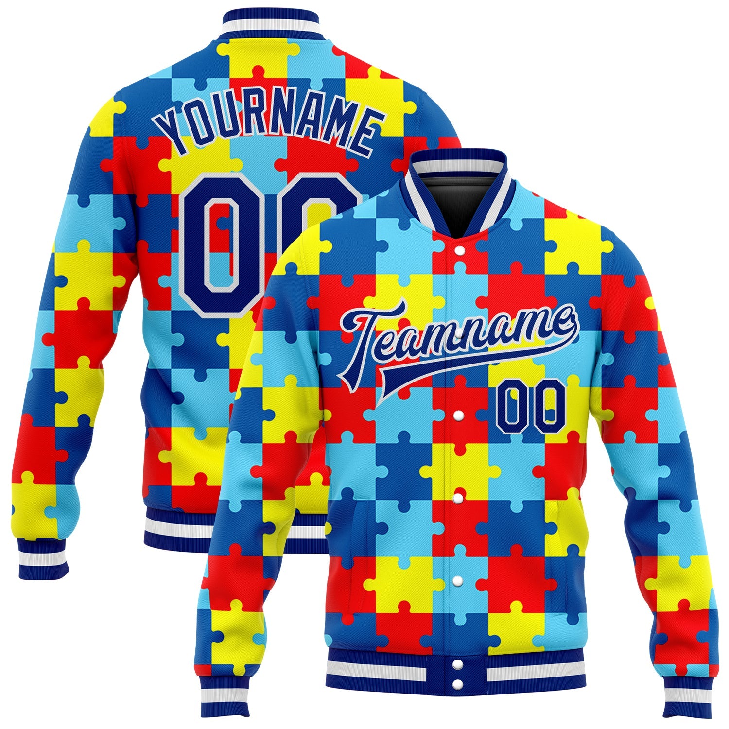 Custom Autism Supporter Awareness Puzzle Pieces Royal-White 3D Bomber Full-Snap Varsity Letterman Jacket - Main View
