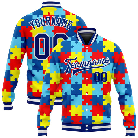 Custom Autism Supporter Awareness Puzzle Pieces Royal-White 3D Bomber Full-Snap Varsity Letterman Jacket - Main View