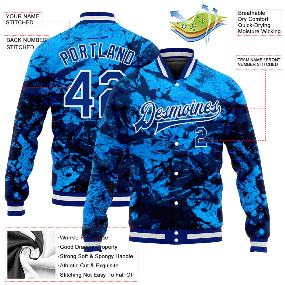 Custom Tie Dye Royal-White Rainbow 3D Bomber Full-Snap Varsity Letterman Jacket view 5