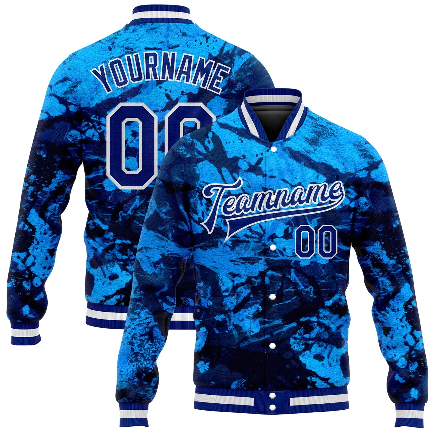Custom Tie Dye Royal-White Rainbow 3D Bomber Full-Snap Varsity Letterman Jacket - Main View