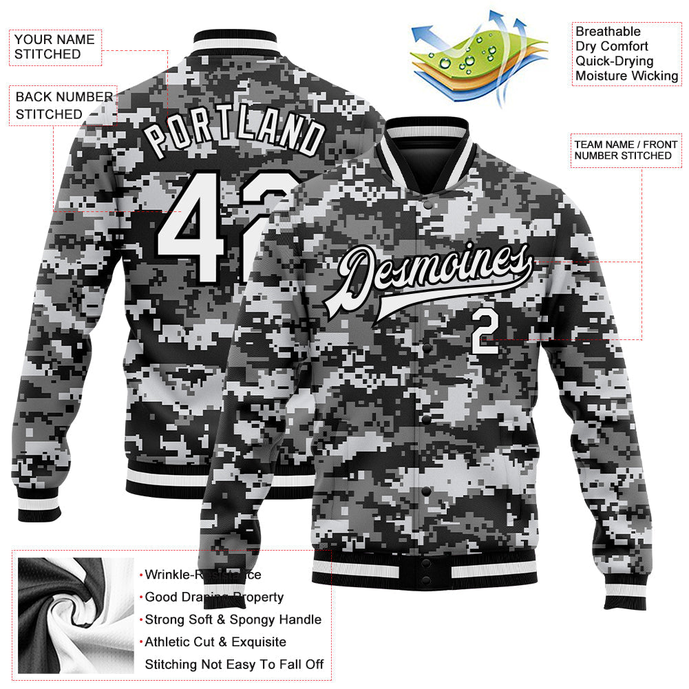 Custom Camo White-Black 3D Bomber Full-Snap Varsity Letterman Salute To Service Jacket view 5
