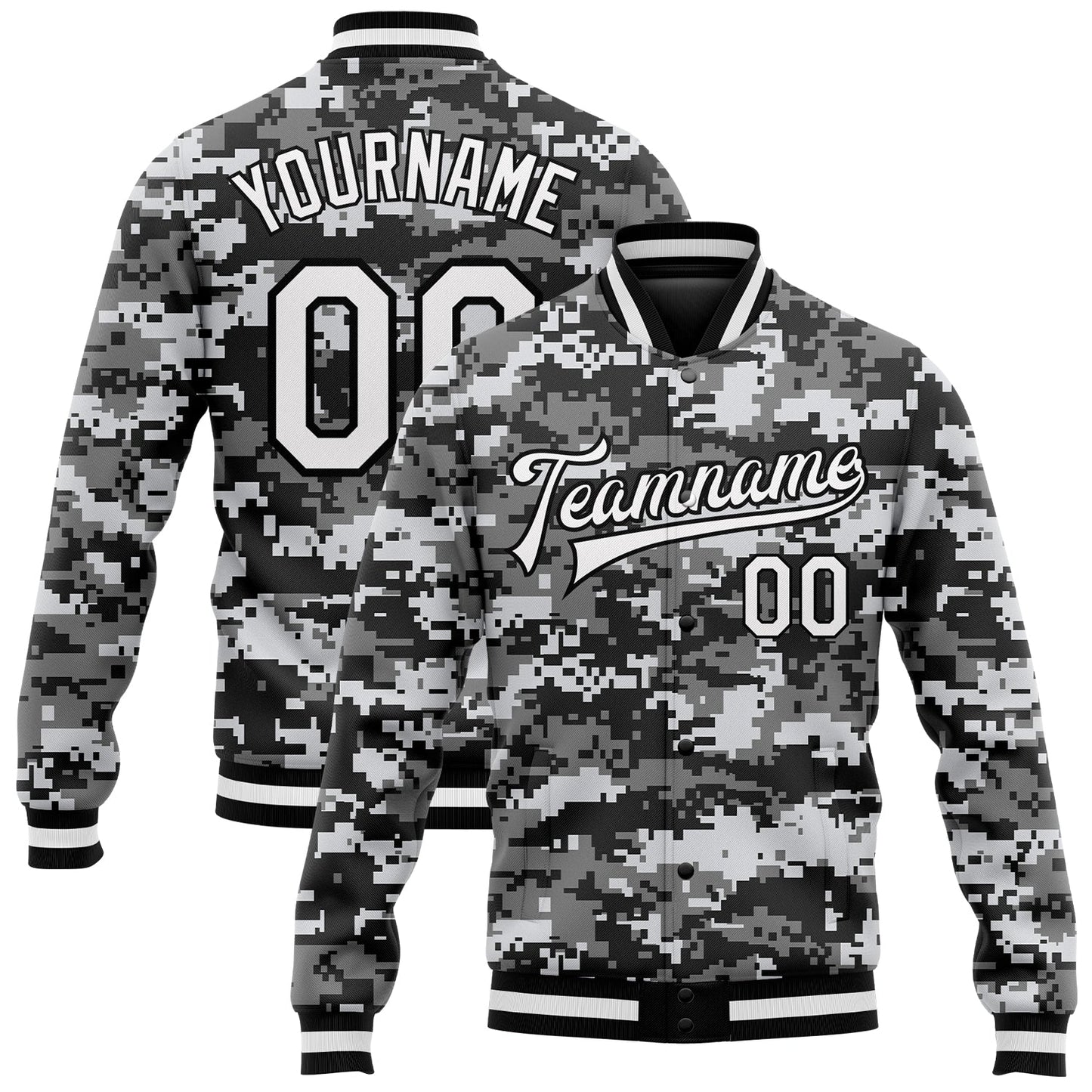 Custom Camo White-Black 3D Bomber Full-Snap Varsity Letterman Salute To Service Jacket - Main View