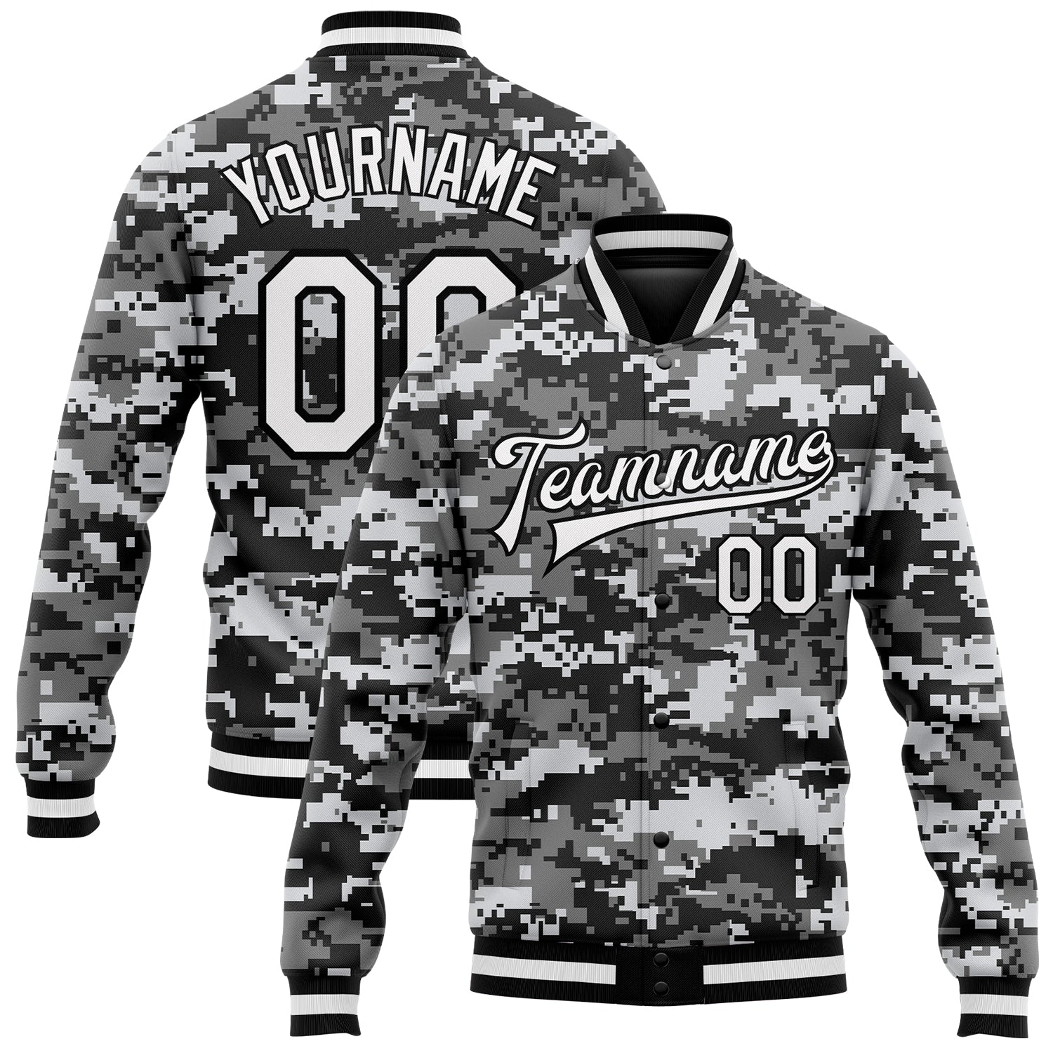Custom Camo White-Black 3D Bomber Full-Snap Varsity Letterman Salute To Service Jacket - Main View