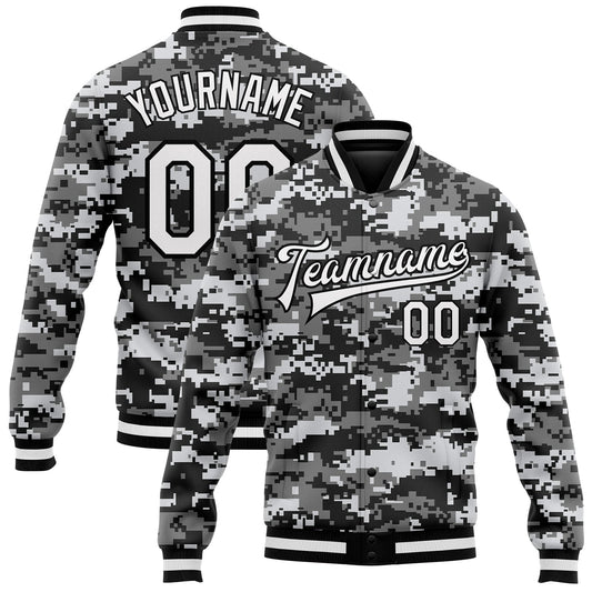 Custom Camo White-Black 3D Bomber Full-Snap Varsity Letterman Salute To Service Jacket - Main View