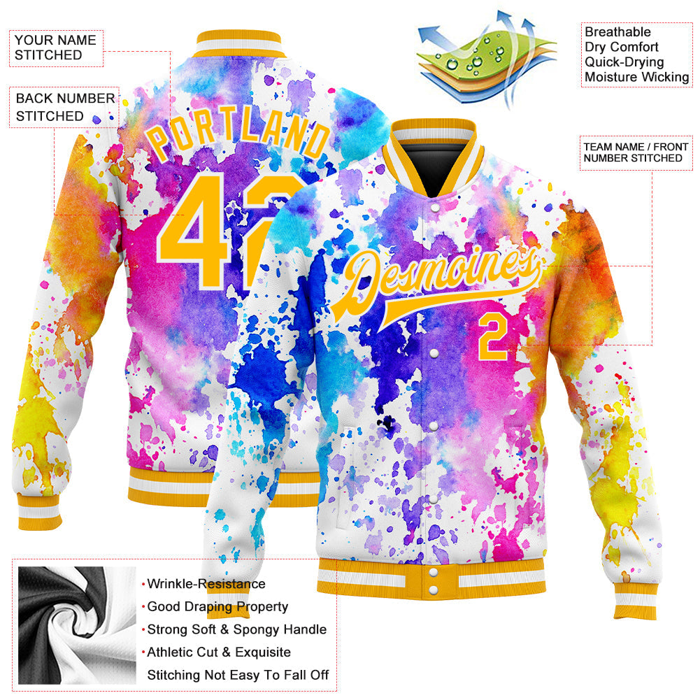 Custom Tie Dye Gold-White Rainbow 3D Bomber Full-Snap Varsity Letterman Jacket view 5