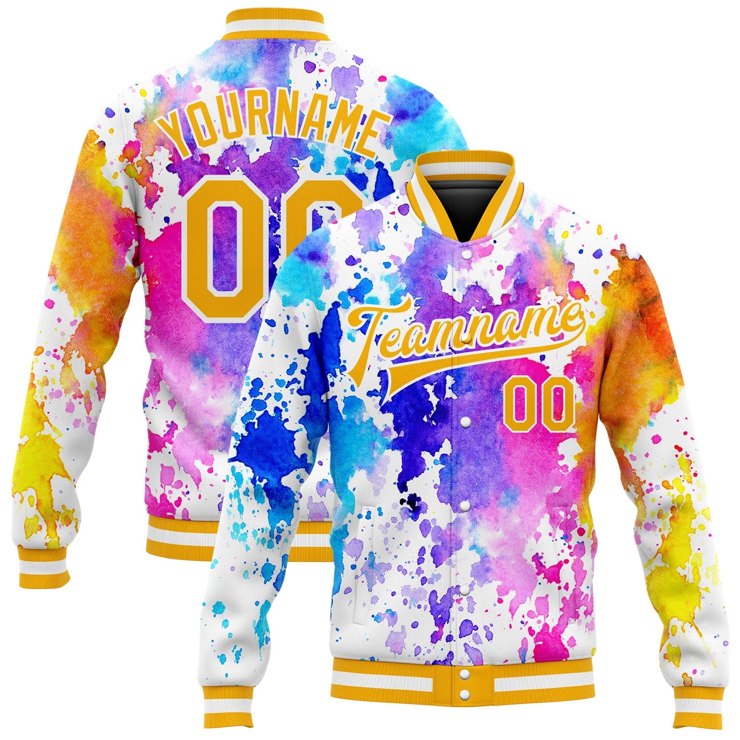 Custom Tie Dye Gold-White Rainbow 3D Bomber Full-Snap Varsity Letterman Jacket - Main View