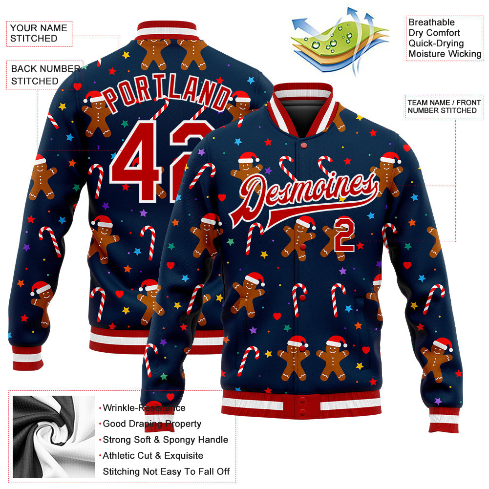 Custom Navy Red-White Christmas 3D Bomber Full-Snap Varsity Letterman Jacket view 5