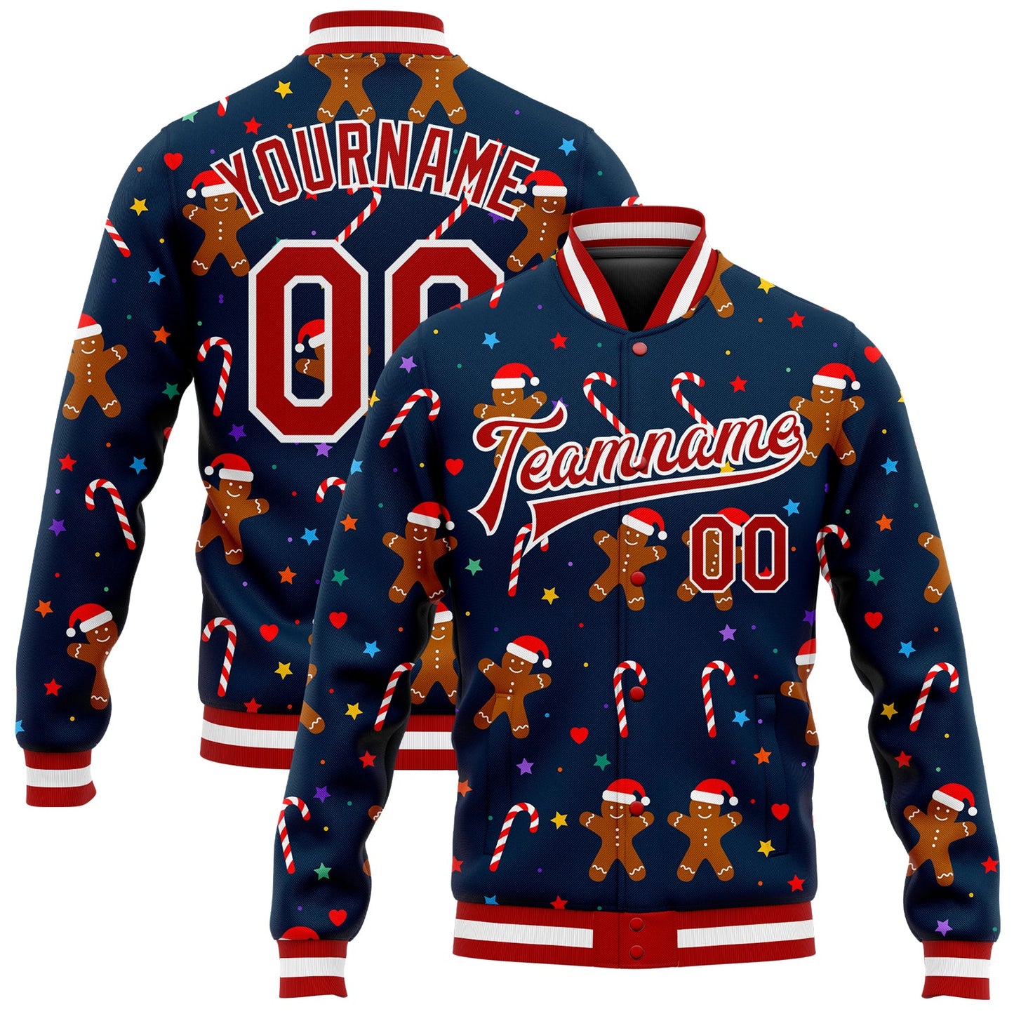 Custom Navy Red-White Christmas 3D Bomber Full-Snap Varsity Letterman Jacket - Main View