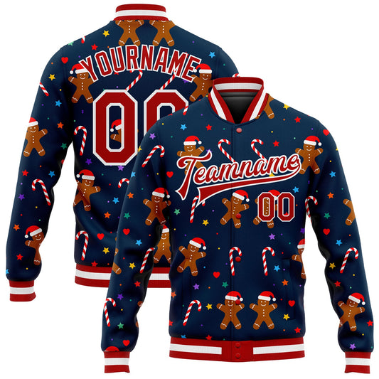 Custom Navy Red-White Christmas 3D Bomber Full-Snap Varsity Letterman Jacket - Main View