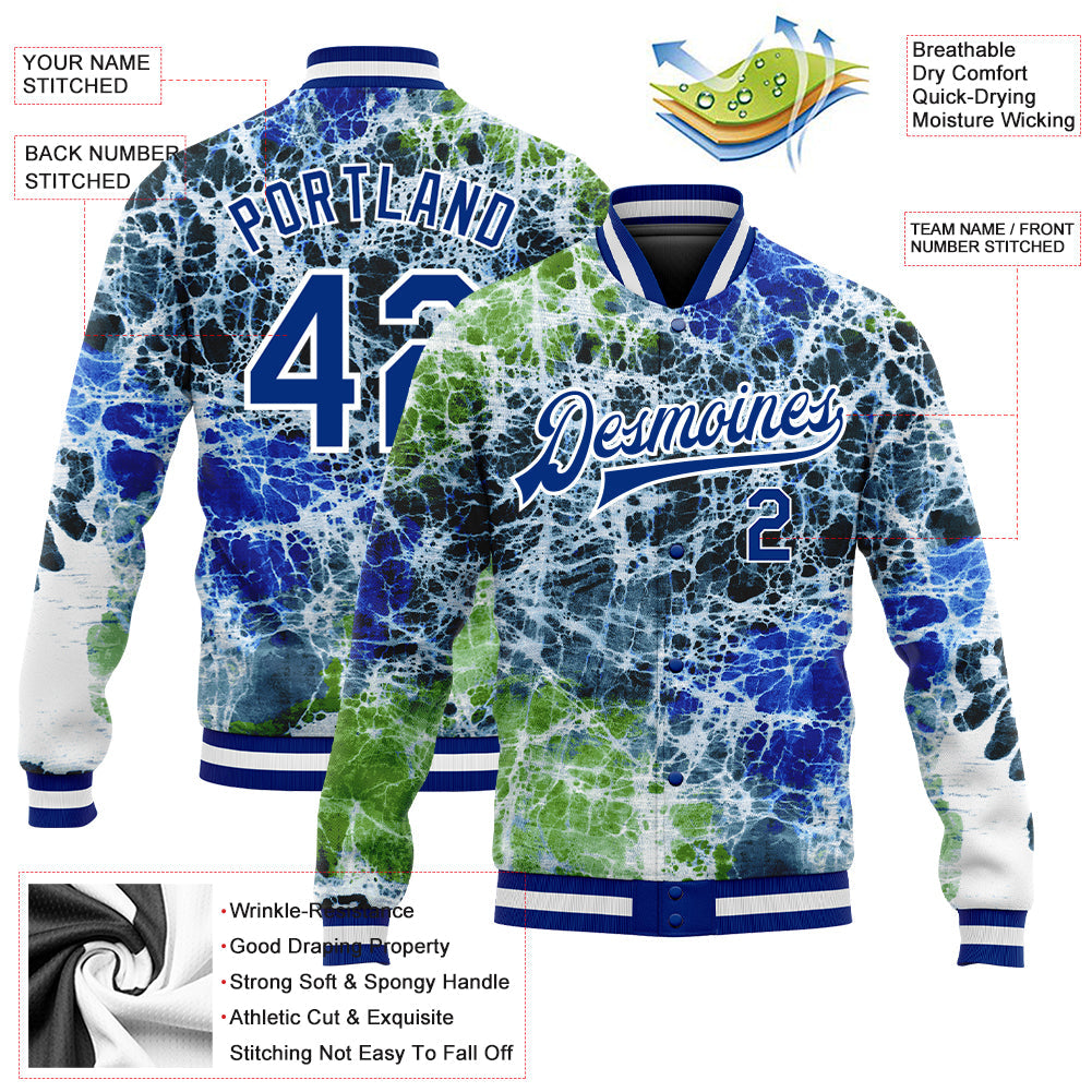 Custom Tie Dye Royal-White Rainbow 3D Bomber Full-Snap Varsity Letterman Jacket view 5