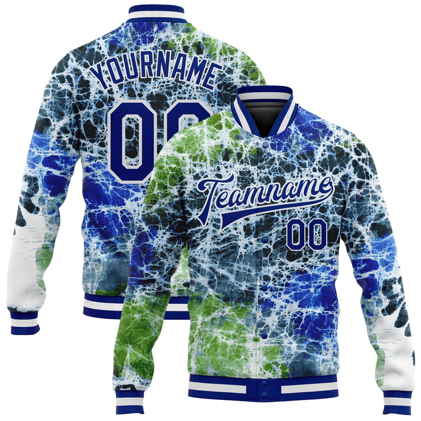 Custom Tie Dye Royal-White Rainbow 3D Bomber Full-Snap Varsity Letterman Jacket - Main View
