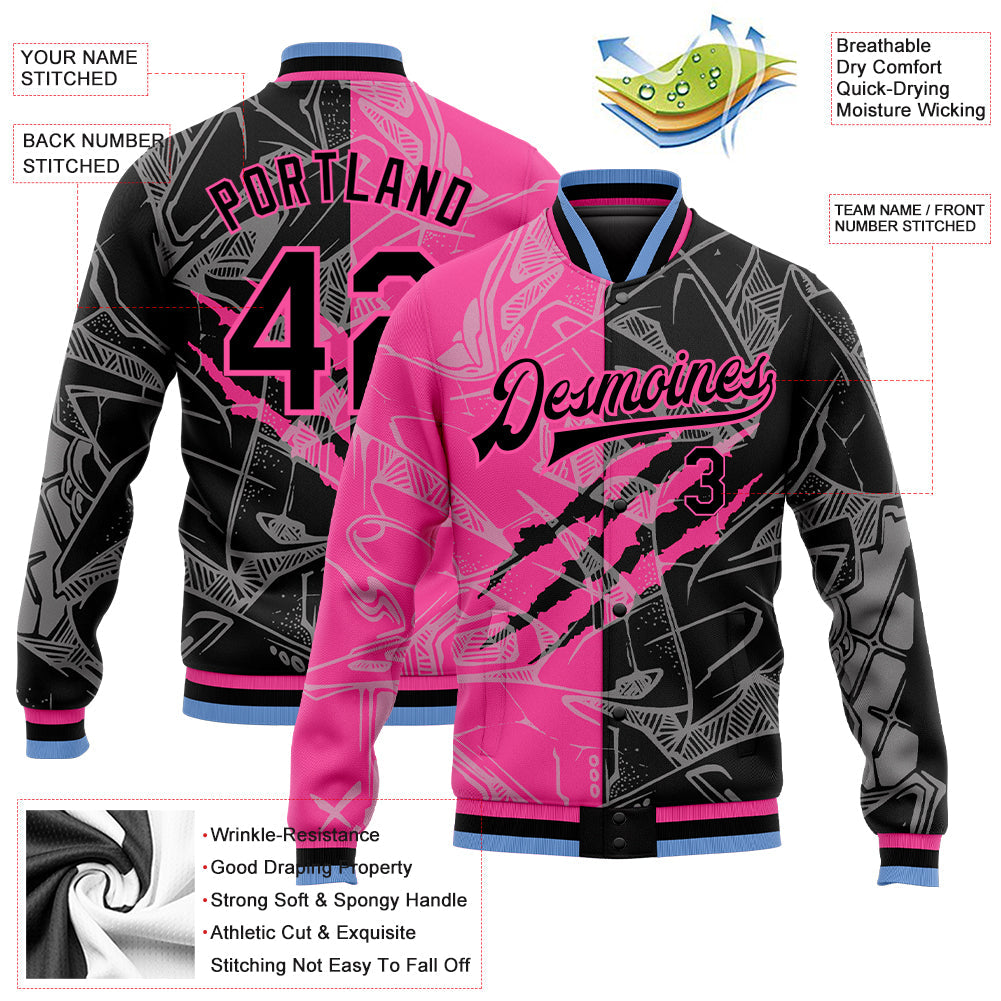 Custom Graffiti Pattern Black Pink-Light Blue Scratch 3D Bomber Full-Snap Varsity Letterman Jacket view 5