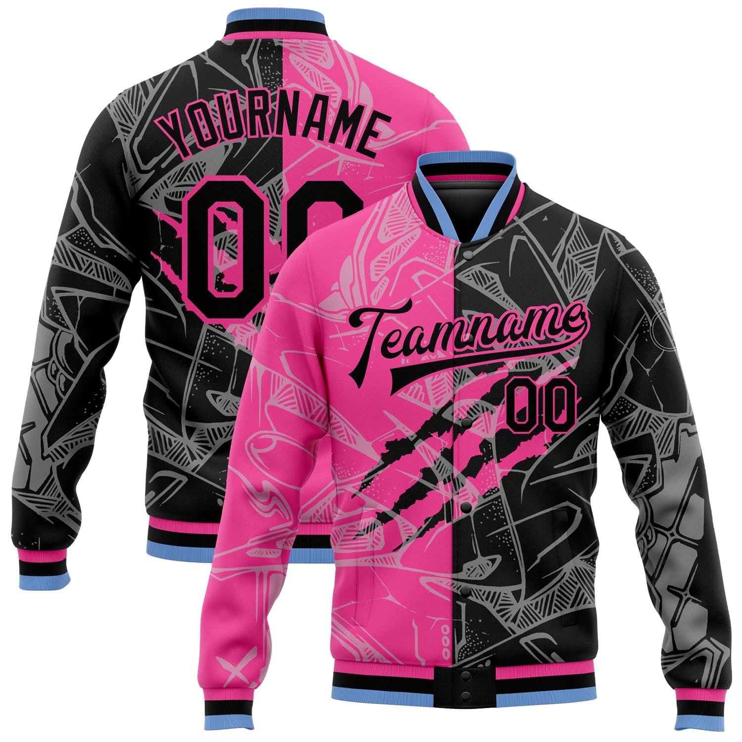 Custom Graffiti Pattern Black Pink-Light Blue Scratch 3D Bomber Full-Snap Varsity Letterman Jacket - Main View