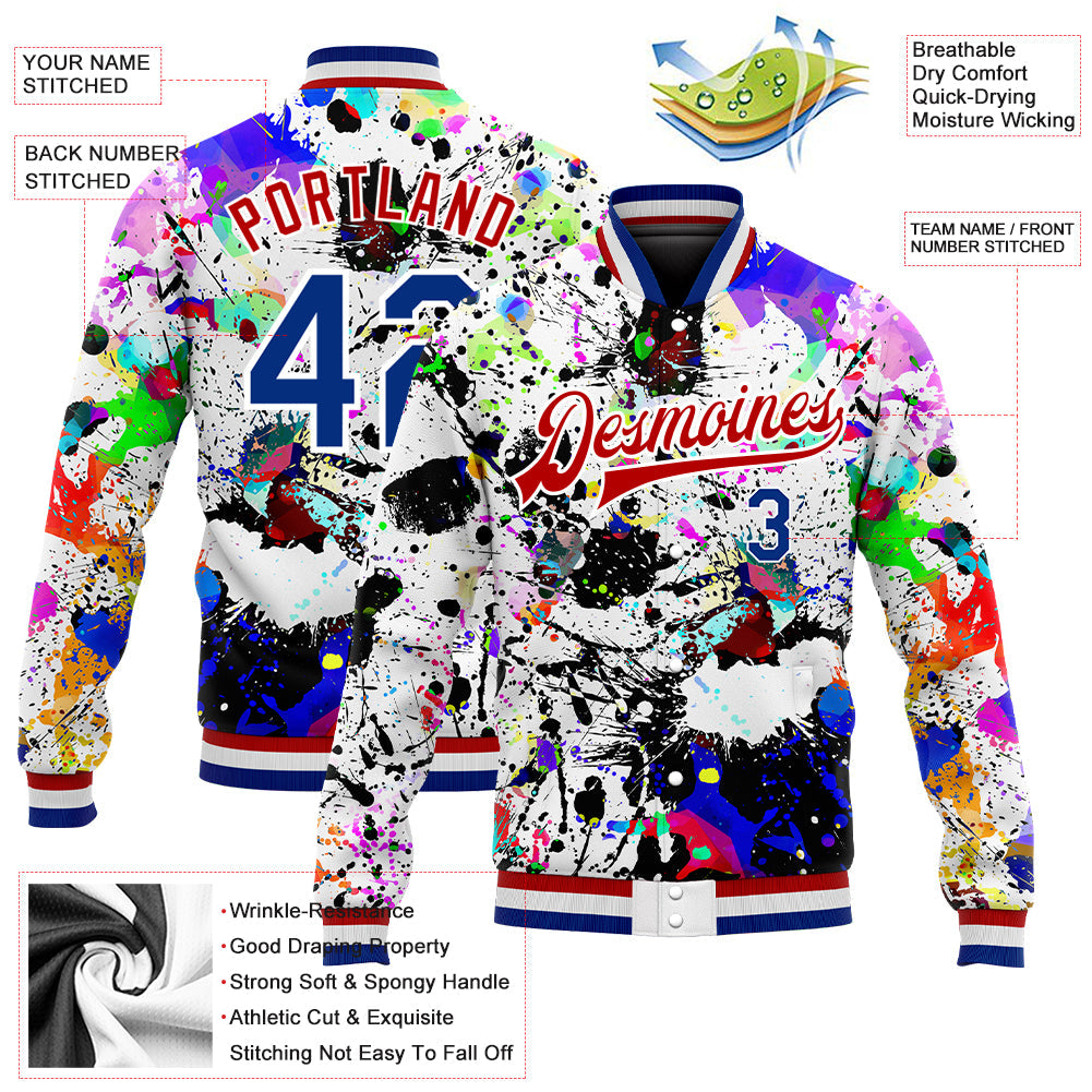 Custom Graffiti Pattern Royal-Red Splashes 3D Bomber Full-Snap Varsity Letterman Jacket view 5
