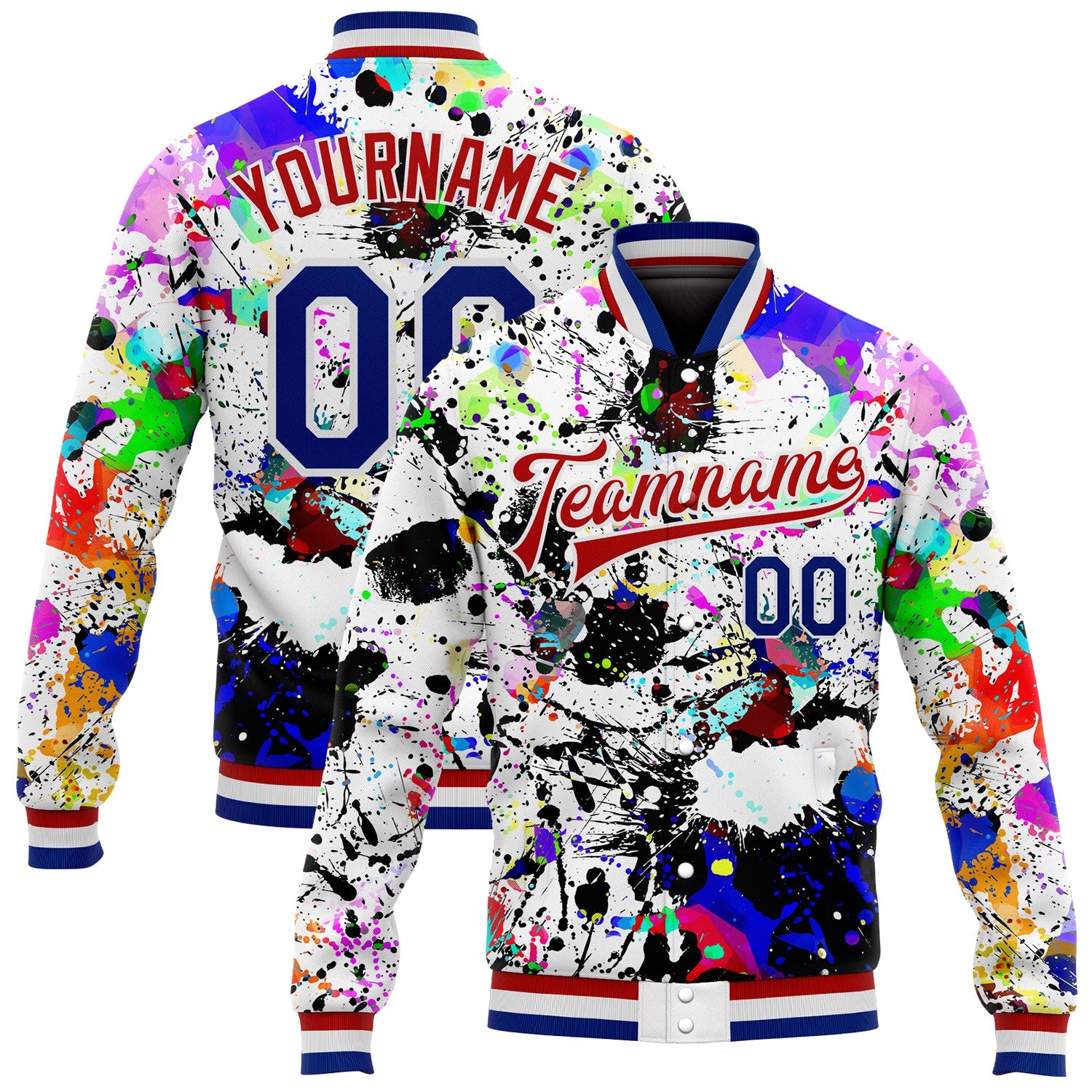 Custom Graffiti Pattern Royal-Red Splashes 3D Bomber Full-Snap Varsity Letterman Jacket - Main View