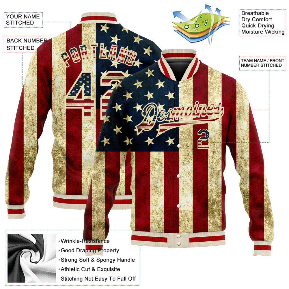 Custom Cream Vintage USA Flag-Red American Flag Fashion 3D Bomber Full-Snap Varsity Letterman Jacket view 5